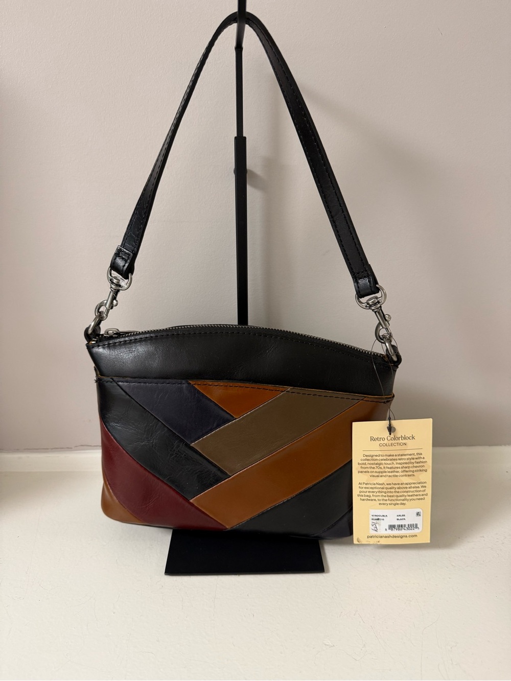 Patricia Nash Black Colorblock Leather Shoulder Bag with Brown & Burgundy Panels